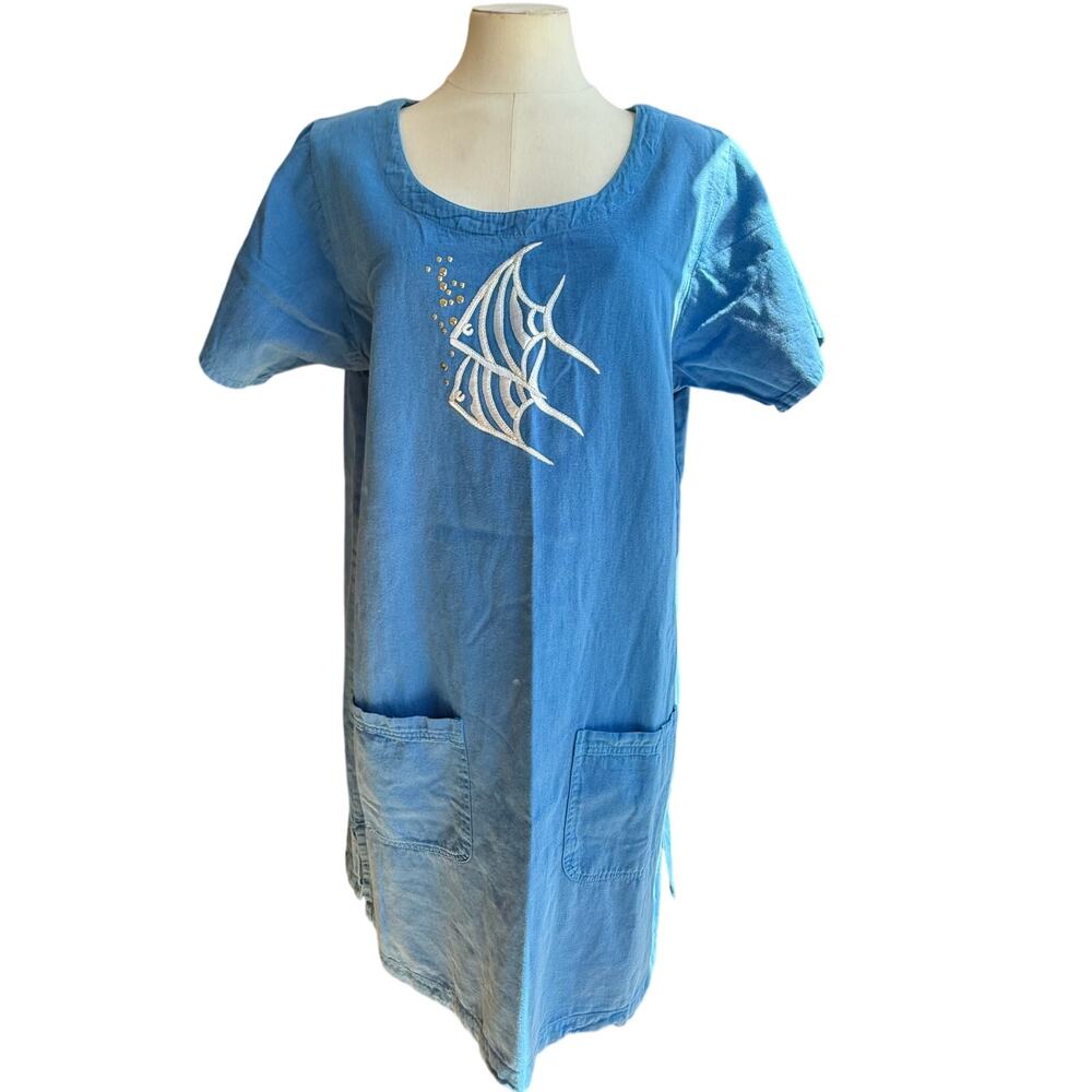 1970s TIA Designs Women's M/L Blue Angel Fish Studded Tunic Lounge House Dress